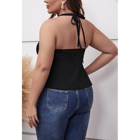 SHEIN Curve Halter Hanky Hem Top Tie Back Cropped Black Womens 2XL Babydoll - Picture 10 of 10